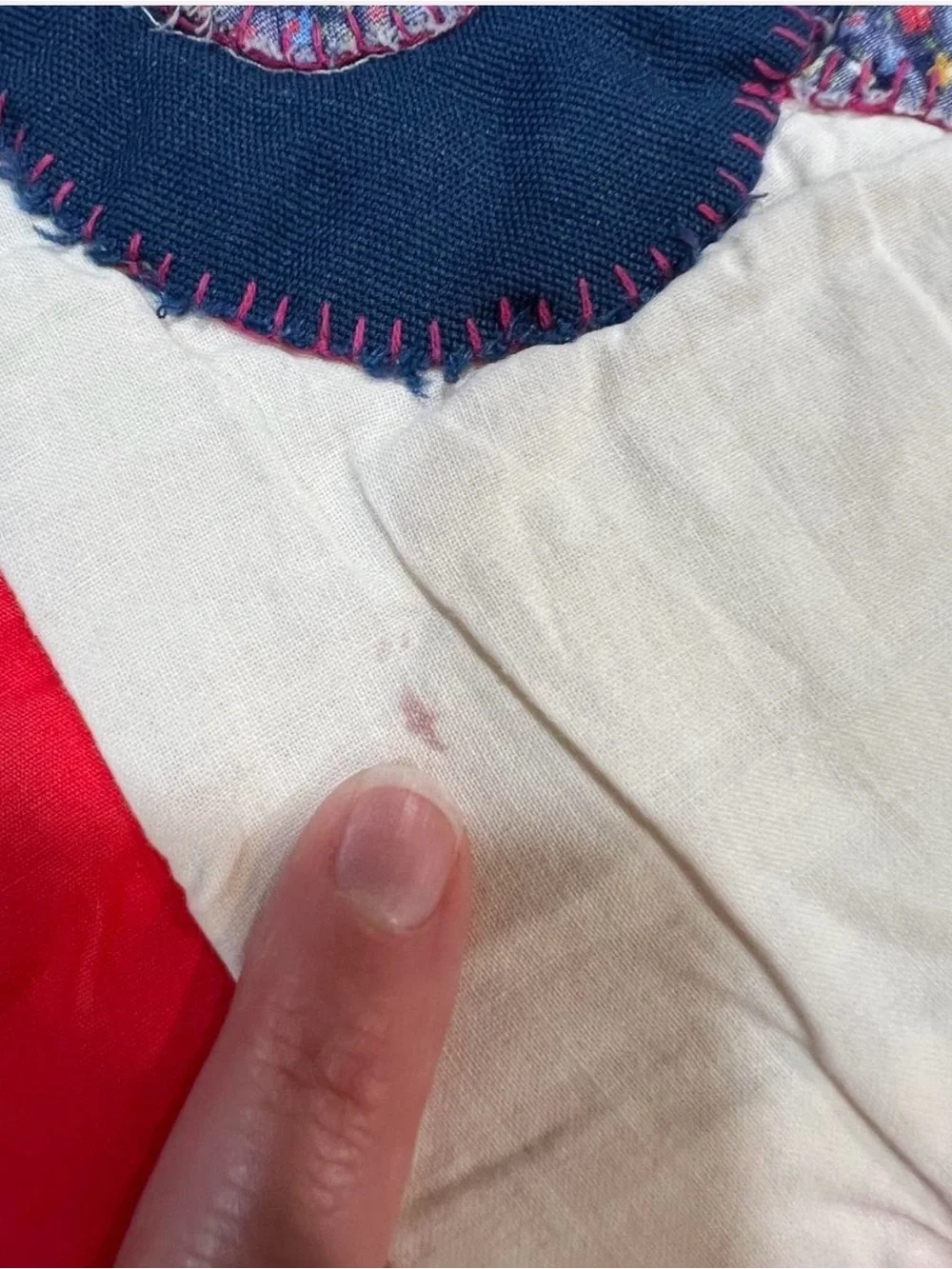 Vintage Handstitched Overall Sam Applique Baby Quilt - Red, Blue, Navy, Pink